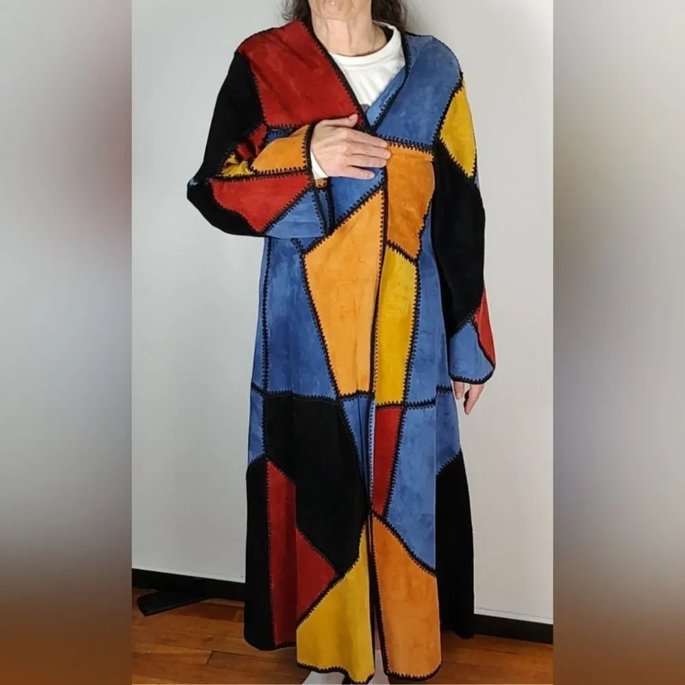 🔥HP Adrienne Landau Dyed Pig Suede Long Patchwork Colorblock Duster Jacket - Picture 5 of 13